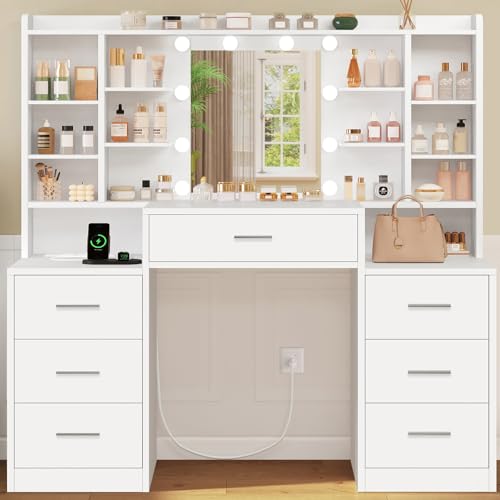 Image of FIONESO 47.2 inch Large Vanity Desk with LED Lighted Mirror & Power Outlet, Makeup Vanity Desk with 7 Drawers and Lots Open Shelves, White Vanity for Girls, for Bedroom