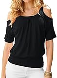 LEIYEE Summer Black Cold Open Shoulder Tops for Women Sexy Casual Short Sleeve 2026 Trendy Spring Cute Scoop Neck Ruched Banded Bottom Going Out Vacation Concert T Shirts Loose Fit Blouses M