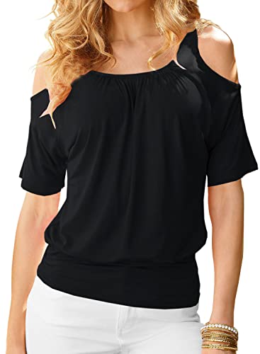 LEIYEE Womens Cold Shoulder Tops Summer Sexy Casual Short Sleeve Ruched Scoop Neck Banded Bottom Shirts Blouse