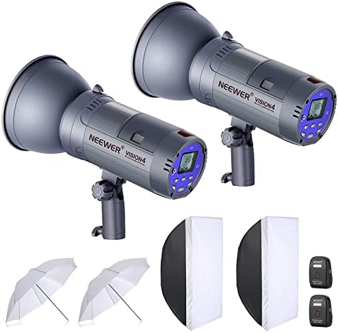 Neewer 600W Battery Powered Outdoor Studio Flash Strobe Lighting Kit:(2)VISION4 Monolight with 2.4G System,(2)Translucent White Umbrella,(2)Rectangular Softbox for Video Shooting Location Photography