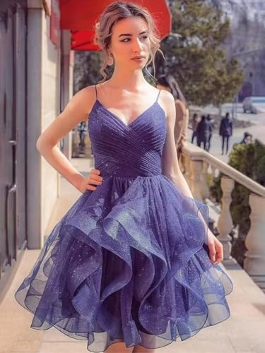 Tulle Short Prom Dress 2025 for Women Glitter Spaghetti Straps Homecoming Dresses Tiered Puffy Cocktail Party Gowns HC0012