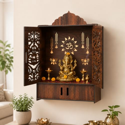 Image of The Castle Decor Wooden Mandir for Home, Wall Hanging & Tabletop Pooja Temple with Double Doors, Om & Lotus Cutwork, Storage Cabinet, Dark Walnut MDF for Pooja Room, 10.6 x 20 x 16.7 Inch (Design-7)