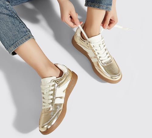 Image of LUCKY STEP Women Classic Retro Gum Sole Fashion Sneakers Casual Tennis Skate Shoe Genuine Leather Walking Footwear Anti Slip Trainers