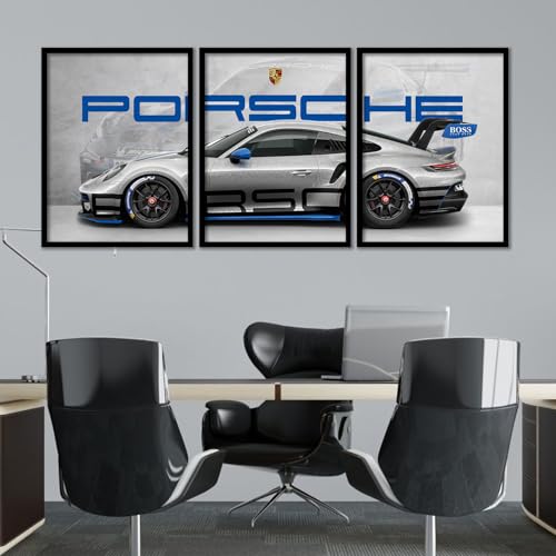 Image of ARTELLY Big Porsche 911 GT3rs Sports Car Framed Wall Posters, Set of 3, Premium Framed Painting, Living Room Bedroom Decoration, Large Size Gift Item for Boys Room Decor (Porsche 1, 19x25 inch)