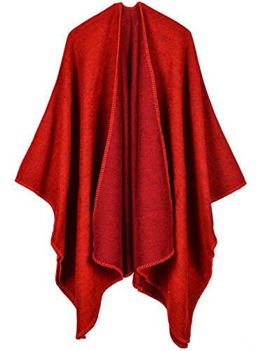 FEOYA Women Red Wool Poncho Shawl Cape Winter Trendy Open Front Red Cardigan Poncho Coat Christmas