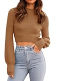 Womens Sexy Cropped Sweaters Pullover Long Sleeve Ribbed Knit Crop Jumper Tops Brown