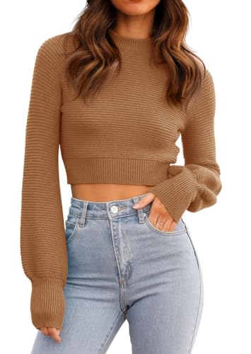 Womens Sexy Cropped Sweaters Pullover Long Sleeve Ribbed Knit Crop Jumper Tops Brown