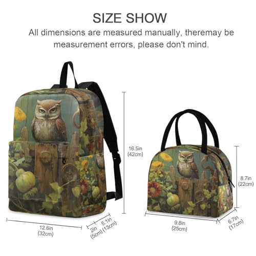 Backpack Lunch Box Set Large Capacity Travel Backpacks and Insulated Lunch Bag for Commute Hiking Picnic Cute Owl Fence Print2