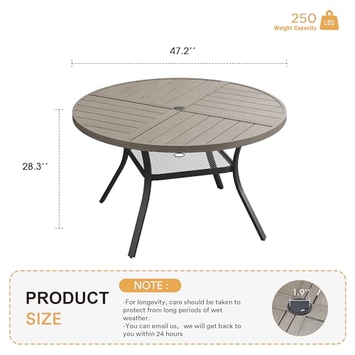 Image of VICLLAX Round Patio Table with Adjustable Umbrella Hole for 6, All Weather Metal Outdoor Dining Table for Lawn Garden, 47.2 inch Outdoor Coffee Table, Grey Wood-Like Tabletop