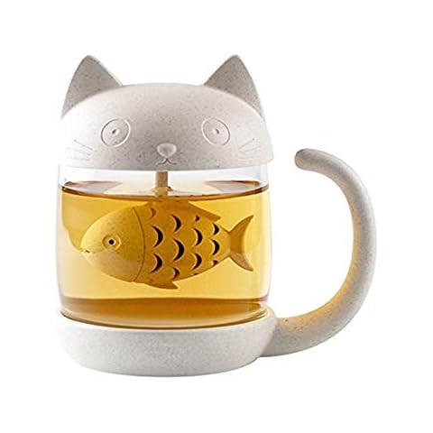 Cute Cat Glass Cup Tea Mug With Fish Tea Infuser Strainer Filter Cover