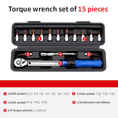 1/4 Inch Drive Torque Wrench,Bike Torque Wrench Set 2-24 Nm,15pcs Click Motorcycle Torque Wrench Set,Socket Wrench Set,Torque Screwdriver Set, Extension Bar, Socket Set for Car, Bicycle Repair - Image 3