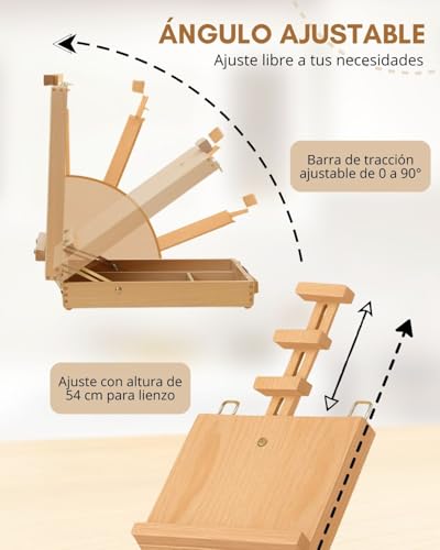 Caballete Pintura - Caballete Mesa de Madera de Haya con Caja de Almacenaje - Para Lienzos hasta 54 cm - Maletín Portátil para Niños, Principiantes y Artistas - imagen 2