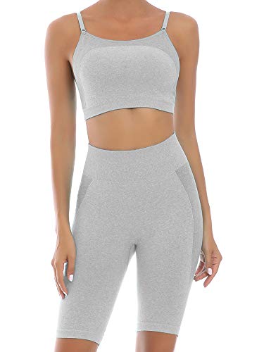 Toplook Women Yoga Outfit 2 Piece Set Seamless Workout Biker Short + Sport Bra (Gray, Large)