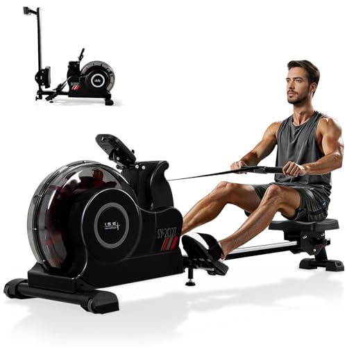 ISE Remo de Agua de Fitness Plegable,Remo Interior Plegable para, Bomba Eléctrica, 6 Niveles Resistencia, Pantalla LCD, App+| Tiro Central y Asiento Ajustable, Máquina de Remo de Agua