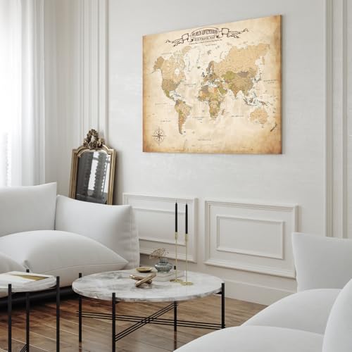 Image of DECORARTS - Oversized World Travel Map with Pins, Pin Board Canvas Wall Art, Extra Large Antique Old World Maps for Wall, Giclee Print, Handcrafted in USA, 40x30''