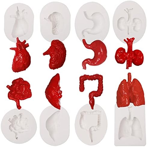 Human Organs Silicone Molds 8 Pcs for Halloween, Heart Brain Liver Intestinal Stomach Chocolate Fondant Molds for Cake Decoration Pudding Jelly Candy Dessert