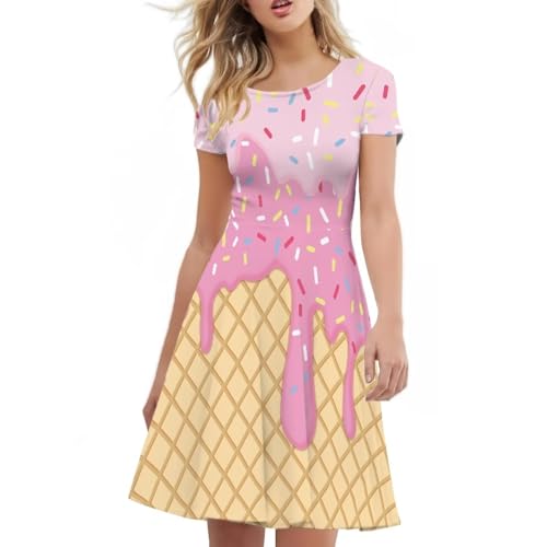 Image of POLERO Women Puffy Swing Elegant Party Midi Dresses Short Sleeve Round Neck A-Line Dress