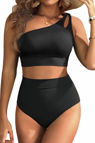 Two Piece High Waisted Swimsuits for Women - One Shoulder Bikini Tummy Control Bathing Suit 2025 Full Coverage Swimwear Black Large