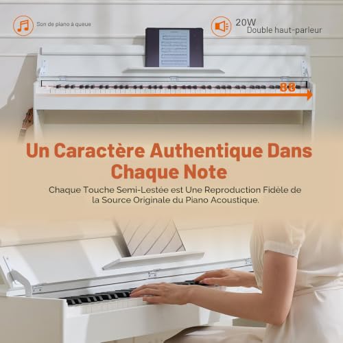 MUSTAR 88 touches Piano numérique, touches semi-pondérées avec USB/MIDI et Bluetooth, couvercle semi-ouvert, piano électrique avec unité à 3 pédales, haut-parleurs stéréo, 800 sons et 64 polyphonies – vue 6