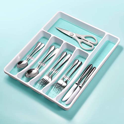 Joequality Silverware Organizer With Icons，Plastic Cutlery Silverware Tray For Drawer，Utensil Tableware Flatware Organizer For Kitchen With Non-Slip Tpr,Fits Oversized Drawer,6-Compartment，Mint #TOP2