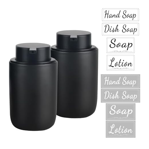 BosilunLife Black Soap Dispenser Set - 2 Pack 12oz Ceramic Dish Soap Dispenser with Rust Proof Pump for Kitchen, Hand Soap and Lotion Set Suitable for Farmhouse Bathroom Decor with Waterproof Labels