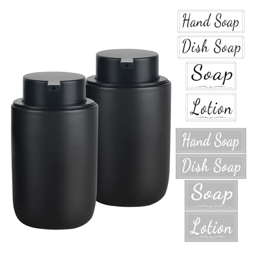 Image of BosilunLife Black Soap Dispenser Set - 2 Pack 12oz Ceramic Dish Soap Dispenser with Rust Proof Pump for Kitchen, Hand Soap and Lotion Set Suitable for Farmhouse Bathroom Decor with Waterproof Labels