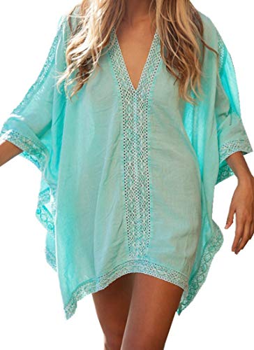 Walant Robe de Plage pour Femmes V-Cou Bikini Cache-Maillots Taille Unique Coton mélangé Dentelle Chemise Robe Couvrir Beach Maillots de Bain Cover Up, A-vert, Taille unique
