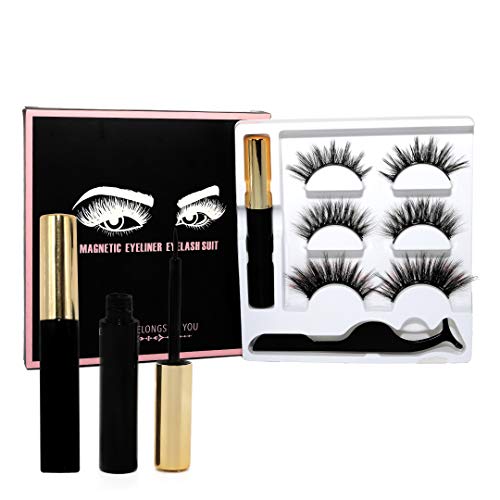 3D eyelashes hand-made red set of false eyelashes, 3 pairs of waterproof natural-looking reusable false eyelashes with tweezers, slim extended magnetic eyelashes and eyeliner set