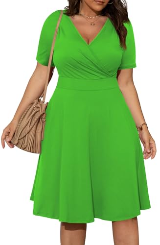Image of POSESHE Womens Plus Size Dresses Summer Short Sleeve Wrap V-Neck Sundress Casual Wedding Guest Cocktail Dress with Pockets