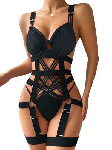 Lilosy Sexy Strappy Crisscross Cutout Underwire Garter Belt Lingerie Set Rave Outfits Women Harness Teddy Bodysuit Mesh Push Up See Through 2 Piece Black X-Large