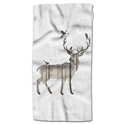 HGOD DESIGNS Hand Towel Deer,Art Wildlife Deer With Pine Forest And Birds Hand Towel Best For Bathroom Kitchen Bath And Hand Towels 30" Lx15 W