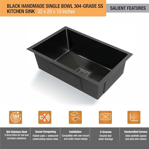 Image of Ruhe Black Handmade Single Bowl Kitchen Sink - 32x20x10 inches | 304-Grade Stainless Steel Sink | PVD Coating Matte Finish | Kitchen Sink Including Coupling, Waste Pipe & Vegetable Washing Basket