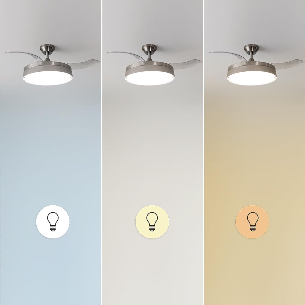 Cecotec Ventilateur de Plafond EnergySilence Aero 4280 Invisible Steel, Pales Rétractables, Lampe, Minuterie, 3 Tons de Lumière et Fonction Été-Hiver, 40 W, Diamètre 106 cm, Gris Acier