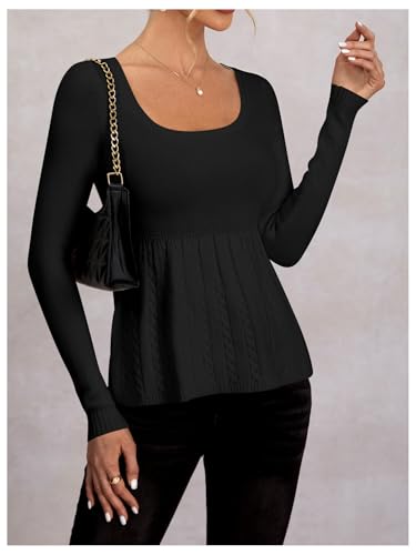 Women's Scoop Neck Peplum Sweater Long Sleeve Cable Knit Dressy Casual Pullover Tops3