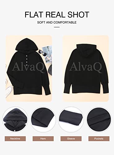 Alvaq Women Black Sweatshirt V Neck Long Sleeve Button Up Pullover Hoodies Oversize Hooded Tops With Pocket Fashion 2023 Black Medium #TOP4
