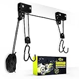 ✅ BESTE & STABILE QUALITÄT–Aus robustem Stahl und hochwertigem ABS-Kunsttoff gefertigt, ist der Deckenlift Fahrrad extrem stabil und kann ohne Probleme eine Traglast von bis zu 57kg aushalten. Egal ob Fahrrad, E-Bike, Montainbike, Kajak oder Dachbox: unser Deckenlift hält!