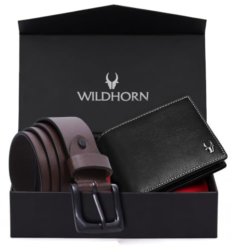 Image of WildHorn Gift Hamper for Men I RFID Protected Leather Wallet & Belt Combo Gift Set I Gift for Friend, Boyfriend,Husband,Father, Son Etc (Brown & Black)