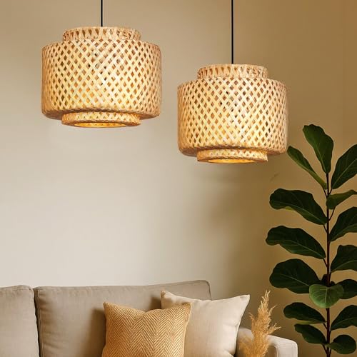 Image of Habere India-All the Cultures Fabricating India Bamboo Pendant Lamp | Boho Lampshade | Cane Lamp Shade | Bamboo Hanging Lamps (Diameter 30 CM, Height 30 CM)