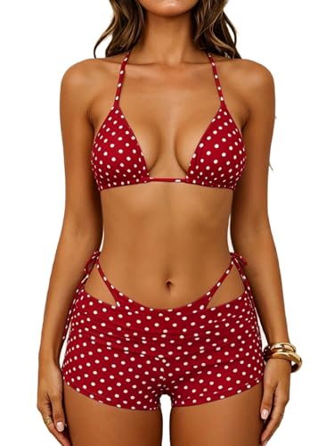 MakeMeChic Women's Polka Dots Triangle Bikini Sets Swim Shorts Y2K Leopard Striped Bathing Suit Swimsuit Polka Dots Red Small