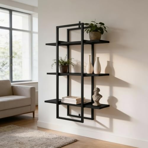 Image of Mighty Home Floating Wall Shelf with Black Metal Frame + Wooden Shelves, Wall Mounted Shelf for Books, Plants & Decor, 3 Tier DIY Organizer for Home & Office, Black