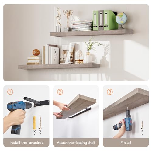 Image of HOOBRO Floating Shelves for Wall, Wall Mounted Shelf Set of 2, 23.6 inch Hanging Shelf with Invisible Brackets, for Wall in Bathroom, Bedroom, Toilet, Kitchen, Living Room, Office, Greige BG60BJ01G1