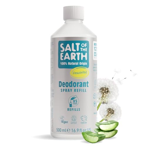 Natural Deodorant Spray Refill by Salt of the Earth, Unscented, Fragrance Free - Vegan, Long Lasting Protection, Leaping Bunny Approved, Made in the UK - 500ml