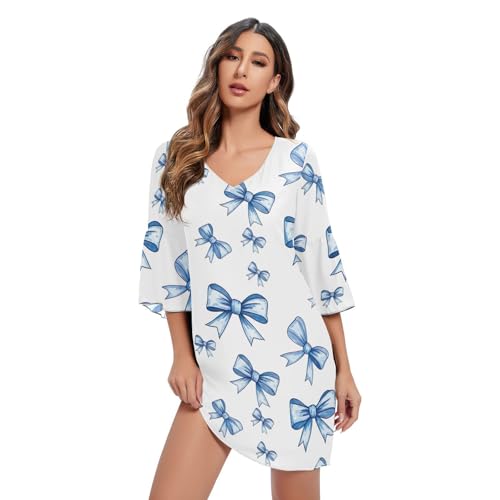Robe courte en mousseline de soie à manches 3/4 imprimé Blue Bows pour cocktail chic