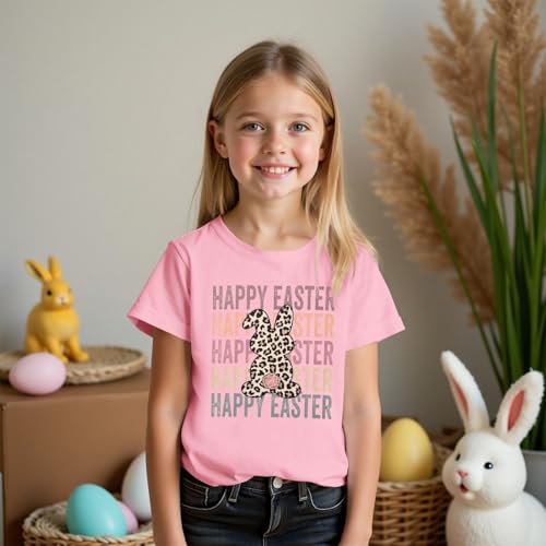 Image of GLIGLITTR Girls Happy Easter Shirts Leopard Bunny Tshirt Cute Rabbit Outfits Kids Easter Holiday Short Sleeve Tee Tops 7-12Y