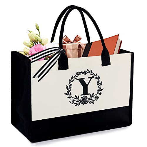 Image of BeeGreen Gifts For Women Initial Tote Bag for Women with Pocket Canvas Monogram Beach Tote Embroidery Unique Gifts for Birthday Bridesmaids Friends Teacher Gift For Mom Large Personalized Bag Y