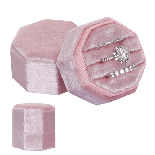 Gvhntk Velvet 3 Slots Jewelry Ring Box Vintage Octagon Ring Display Holder Gift Premium Gorgeous Case with Detachable Lid for Wedding Engagement Proposal Keepsake Ceremony