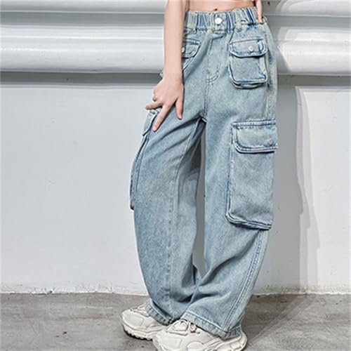 Teen Girls Multiple Pockets Street Dance Pants Kids Girls High Waist Elasticity Wide-Leg Jeans Loose (Blue, 11-12 Year)2