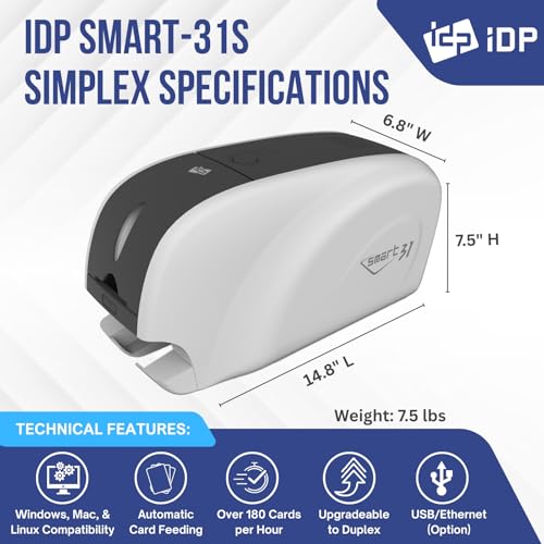 IDP SMART-31 Series ID Card Simplex Printer Bundle with USB Camera, Software, Manuals - Includes 250-Print YMCKO Color Ribbon, 100 Plastic Cards, and IDP's EasyCapture Photo Capture Tool Free Trial!