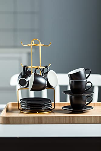 Yhosseun 3 Ounces Espresso Cups With Saucers Set, Porcelain Latte Cups And Metal Stand Demitasse Cups For Espresso, Latte, Cafe Mocha, Cappuccino And Tea, Set Of 6, Black #TOP2