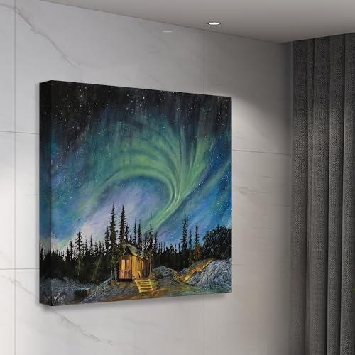 Image of Exsha Aurora Borealis Art Print|Northern Lights Forest Square Canvas Wall Painting|Nature Painting for Wall Decoration|Paintings for Living Room, Bedroom, Office|24x24 Inch|Exquisite Home Decor Gift